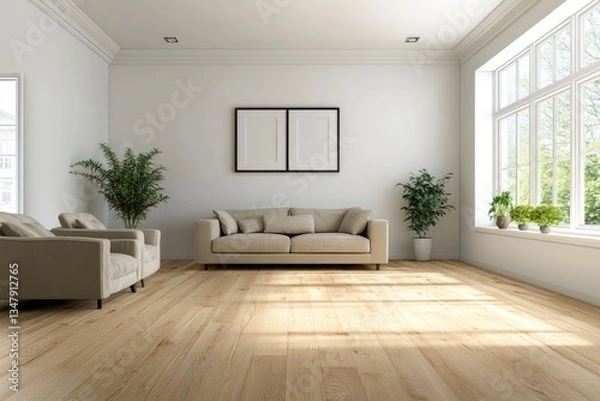 Fototapeta Modern living room interior with beige couch and armchairs, hardwood floor, large window, and empty frames