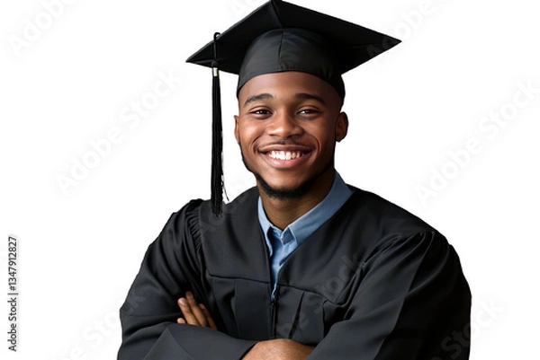 Obraz Portrait of a smiling young graduate African American college student wearing square academic cap, isolated on transparent background