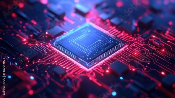 Fototapeta A futuristic AI chip with energy pulses radiating from it