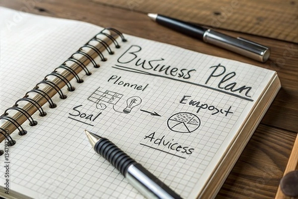 Obraz Open Notebook with Handwritten Business Plan
