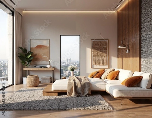 Fototapeta Modern cozy living room with city view and warm tones