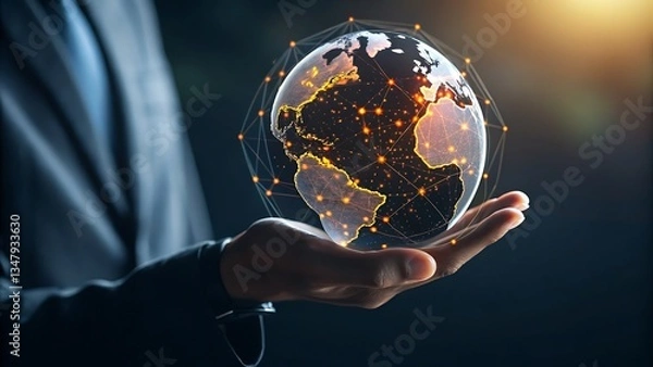 Fototapeta A Person Gently Cradles A Glowing, Interconnected World In Their Hands, Symbolizing Global Unity And Technological Advancement Against A Dark, Atmospheric Backdrop
