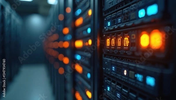 Fototapeta Server rack with data and connection lights in dark room background. Abstract blurred banner for web design or graphic presentation. Tech, cloud computing, data center, internet infrastructure.