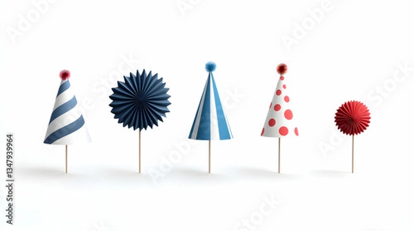 Obraz Blue And Red Paper Party Hats On White Background