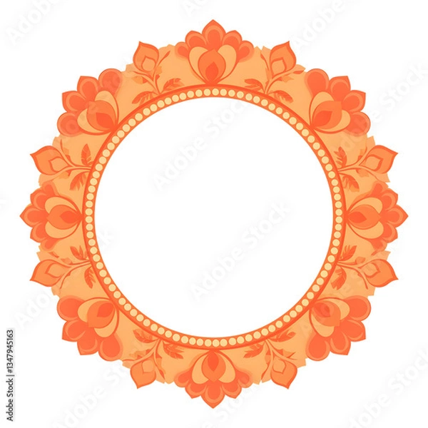 Obraz Decorative orange circular frame with floral pattern isolated on transparent background. Ornate mandala design for Diwali greeting card. Traditional Indian motif 