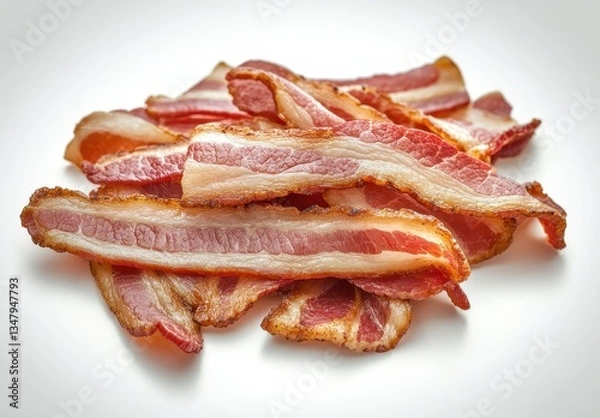 Fototapeta Crispy Bacon Strips Cooked to Perfection on White Background in Close-Up View Ideal for Culinary and Food Photography Use