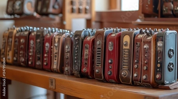 Fototapeta A row of vintage harmonicas arranged neatly on a wooden surface.