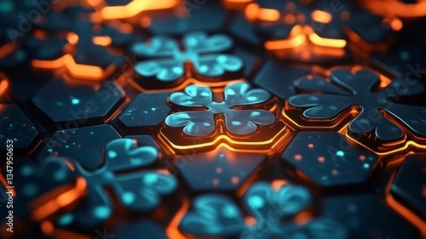 Obraz Abstract glowing four leaf clover pattern on hexagonal grid