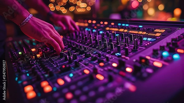 Fototapeta Hands delicately manipulating a sound mixing console at lively performance