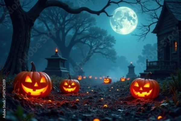 Fototapeta Flickering jack-o-lanterns on a dark and misty graveyard , spooky trees, dim lighting