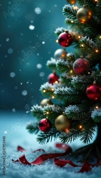 Fototapeta Frosty snowflakes fall gently around a green Christmas tree with ornaments and lights , winter wonderland, frosty