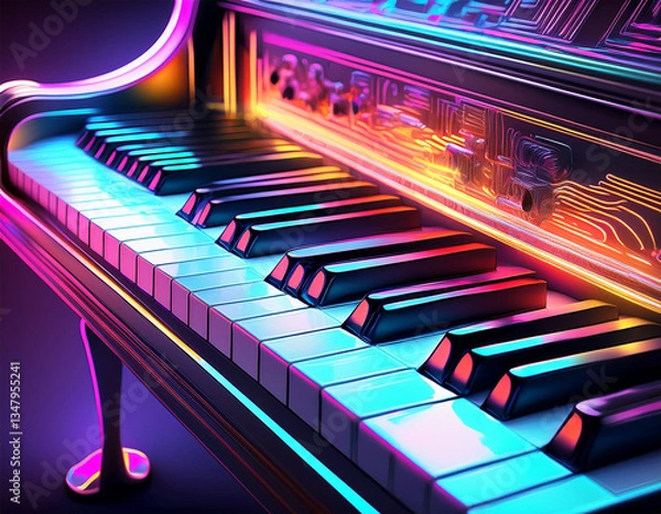Fototapeta electric piano keys in neon light