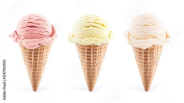 Fototapeta Dessert Advertising Concept: Three Flavors of Ice Cream in a Cone Isolated on White Background