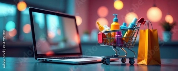 Fototapeta Laptop computer sits on a shopping bag filled with products in an online shopping cart, e-commerce, online shopping cart, shopping cart contents