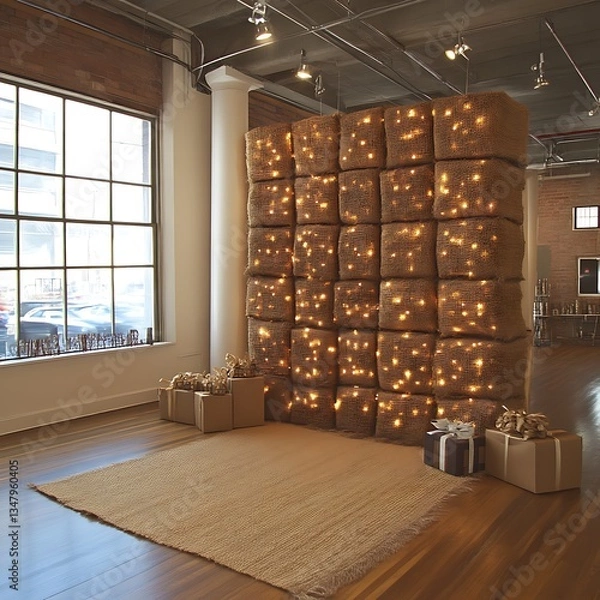 Fototapeta Illuminated burlap backdrop, event, loft, gifts, winter