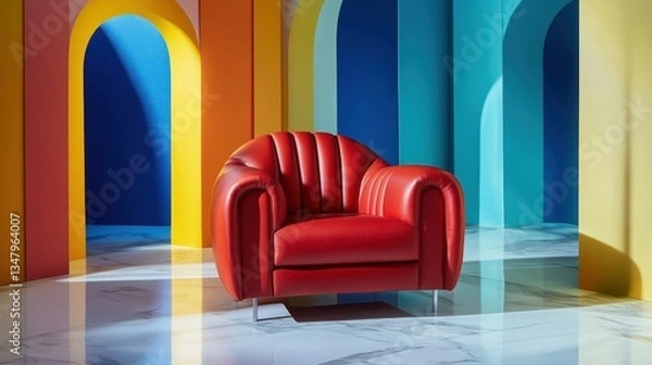 Fototapeta Vibrant Red Armchair in a Colorful Archway Setting