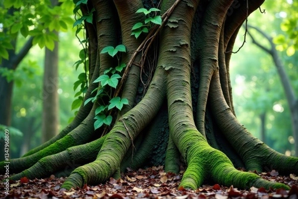 Fototapeta Overgrown, ancient tree trunk with gnarled roots and vines, forest, foliage, wood