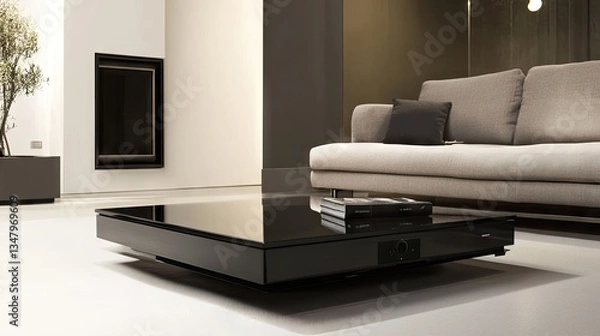 Fototapeta A sleek and space-saving coffee table featuring a smooth glass panel that unfolds