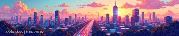 Fototapeta pixelated cityscape with geometric shapes and bright colors, colorful, architecture, geometric