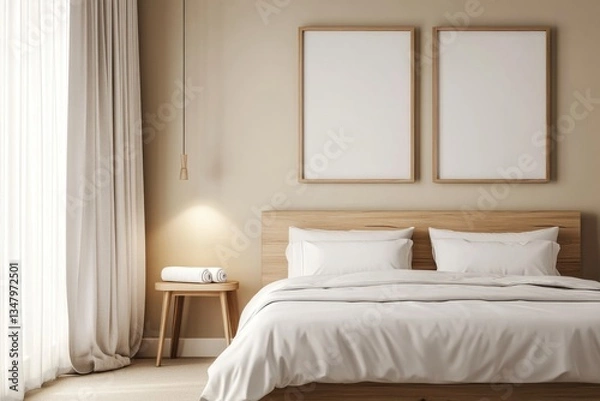 Obraz A modern bedroom features a bed with white bedding and framed art