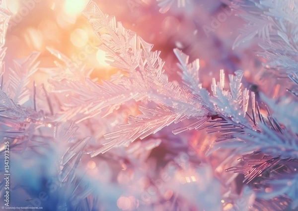 Fototapeta Close-up of frosty ice crystals glowing in warm sunlight.