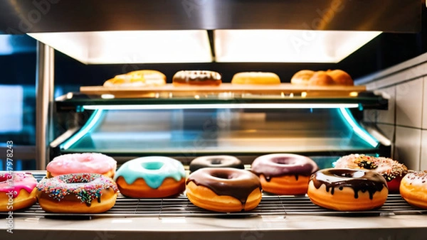 Fototapeta A tempting assortment of donuts displayed in a counter display, featuring a variety of flavors, glazes, and toppings, perfect for bakery showcases, coffee shops, or dessert lovers