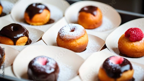 Fototapeta A soft, bite-sized timbit donut with a light, airy texture, perfect for snacking, sharing at parties, or enjoying with a warm beverage like coffee or tea.