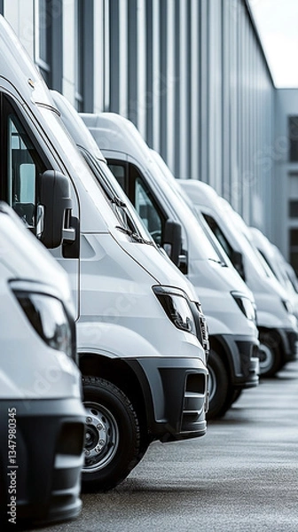 Fototapeta A fleet of white delivery vans parked in a row ready for transportation or shipping services