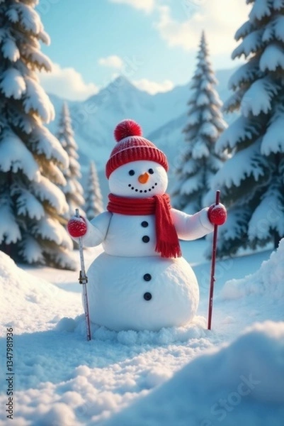 Obraz Snowman amidst frozen trees with ski poles and ice skates, frostbitten woods, solitary snowman, snowy forest