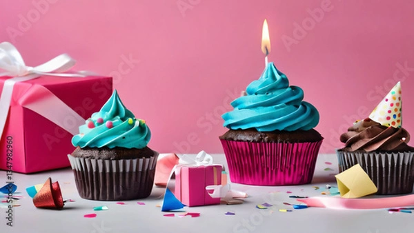 Fototapeta A birthday cake decorated with vibrant frosting and festive balloons, set in a celebratory party theme, perfect for birthday parties, celebrations, and creating a fun, joyful atmosphere.