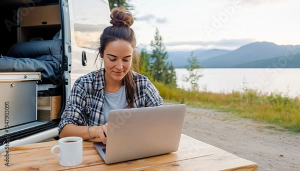 Fototapeta A woman freelancer sits at table and works on her laptop near a travel van in the backdrop of beautiful nature during her weekend in the wilderness. Remote work during a trip.