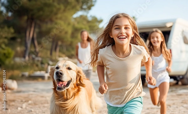 Fototapeta Happy smiling girl running next to golden retriever dog towards the camera against a blurred background of a travel van and her sister and mother during their summer weekend.