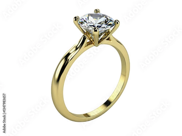 Fototapeta Elegant gold engagement ring featuring a brilliant cut diamond set in a classic four-prong design, symbolizing love and commitment.