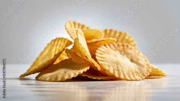 Fototapeta Pile of fresh crispy tasty golden yellow potato chips. Food advertisement concept for banner, templates, design, poster, illustration. Abstract background. Close up view.