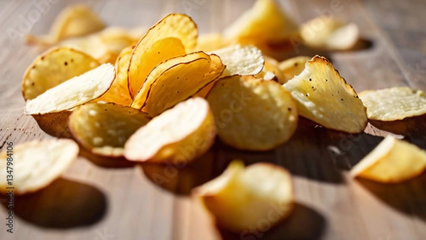 Fototapeta Pile of fresh crispy tasty golden yellow potato chips. Food advertisement concept for banner, templates, design, poster, illustration. Abstract background. Close up view.