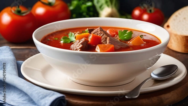 Fototapeta Hot bowl of fresh tasty warm tomato beef meat soup with vegetables. Close up view. Food homemade stew concept.