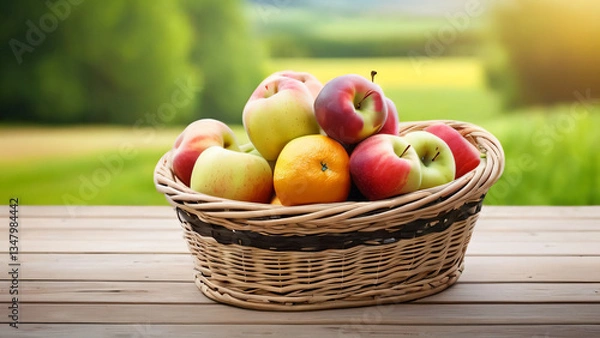 Fototapeta Basket of fruits with apples on a wooden table in an outdoor nature landscape background.