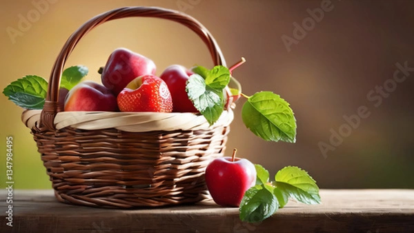 Fototapeta Basket of fruits with apples on a wooden table in an outdoor nature landscape background.