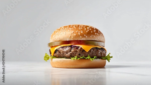 Fototapeta Fresh crips tasty delicious melted cheese meat burger with lettuce, onion, steak, beef, patty, cucumber, sauce isolated on a white grey background. Food concept for advertisement, banner, template