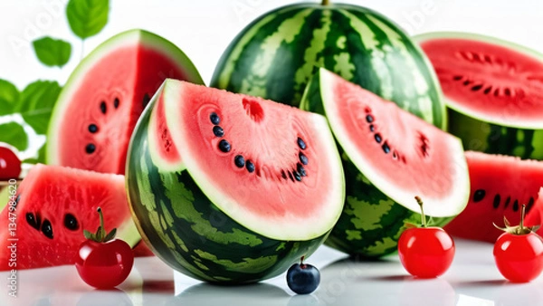 Fototapeta Fresh juicy sweet watermlon slices with vibrant red, green, and black colors. Bright refreshing summer atmosphere