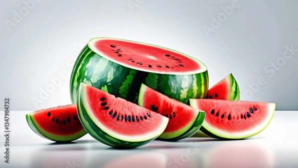 Fototapeta Fresh juicy sweet watermlon slices with vibrant red, green, and black colors. Bright refreshing summer atmosphere