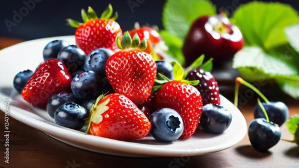 Fototapeta Collection of fruits with banana, strawberry, blueberry, grape, cherry, and basil served on a plate. Food concept with group of various juicy sweet fruits.