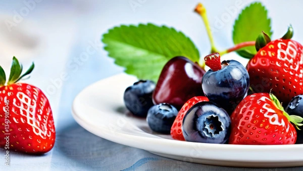 Fototapeta Collection of fruits with banana, strawberry, blueberry, grape, cherry, and basil served on a plate. Food concept with group of various juicy sweet fruits.