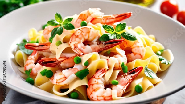 Fototapeta Fresh delicious italian fettuccine pasta noodles and vegetables with shrimp, tomatoes, herbs, parsley, and broccoli in a bowl on a table. Food concept for menus, restaurant, advertisement