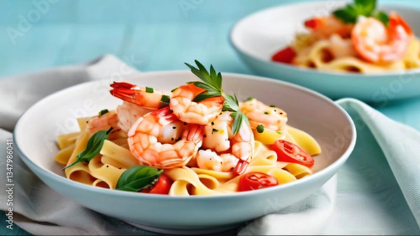 Fototapeta Fresh delicious italian fettuccine pasta noodles and vegetables with shrimp, tomatoes, herbs, parsley, and broccoli in a bowl on a table. Food concept for menus, restaurant, advertisement