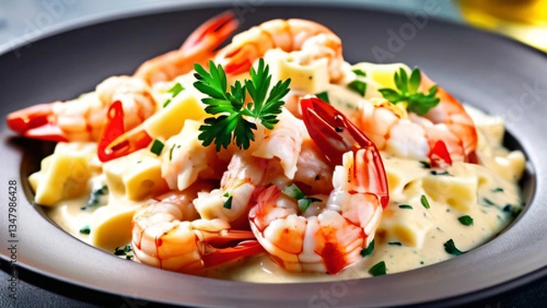 Fototapeta Close up view of creamy sauce pasta with shrimp and parsley herb garnish served on a bowl. Fresh delicious tasty alfredo pasta dish recipe. Food concept for restaurant, dinner, lunch, brunch, menu