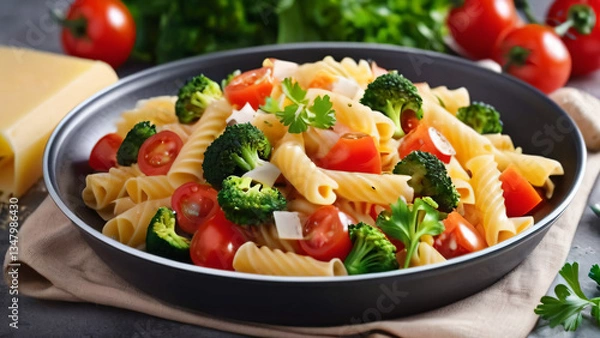 Fototapeta Fresh delicious italian fettuccine pasta noodles and vegetables with shrimp, tomatoes, herbs, parsley, and broccoli in a bowl on a table. Food concept for menus, restaurant, advertisement