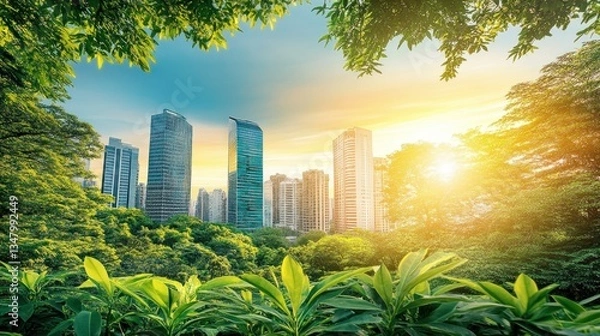 Fototapeta Cityscape sunrise, lush park, green leaves