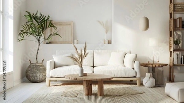 Obraz Scandinavian style living room a minimalistic white couch wooden coffee table and soft lighting modern and cozy
