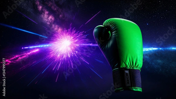 Fototapeta Vibrant neon glowing boxing gloves resting before a dramatic explosive splash with vivid colors intense energy powerful impact and dynamic action sports-inspired visual effect